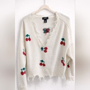 Brandy Melville Cream V-Neck Cherry Knit Sweater